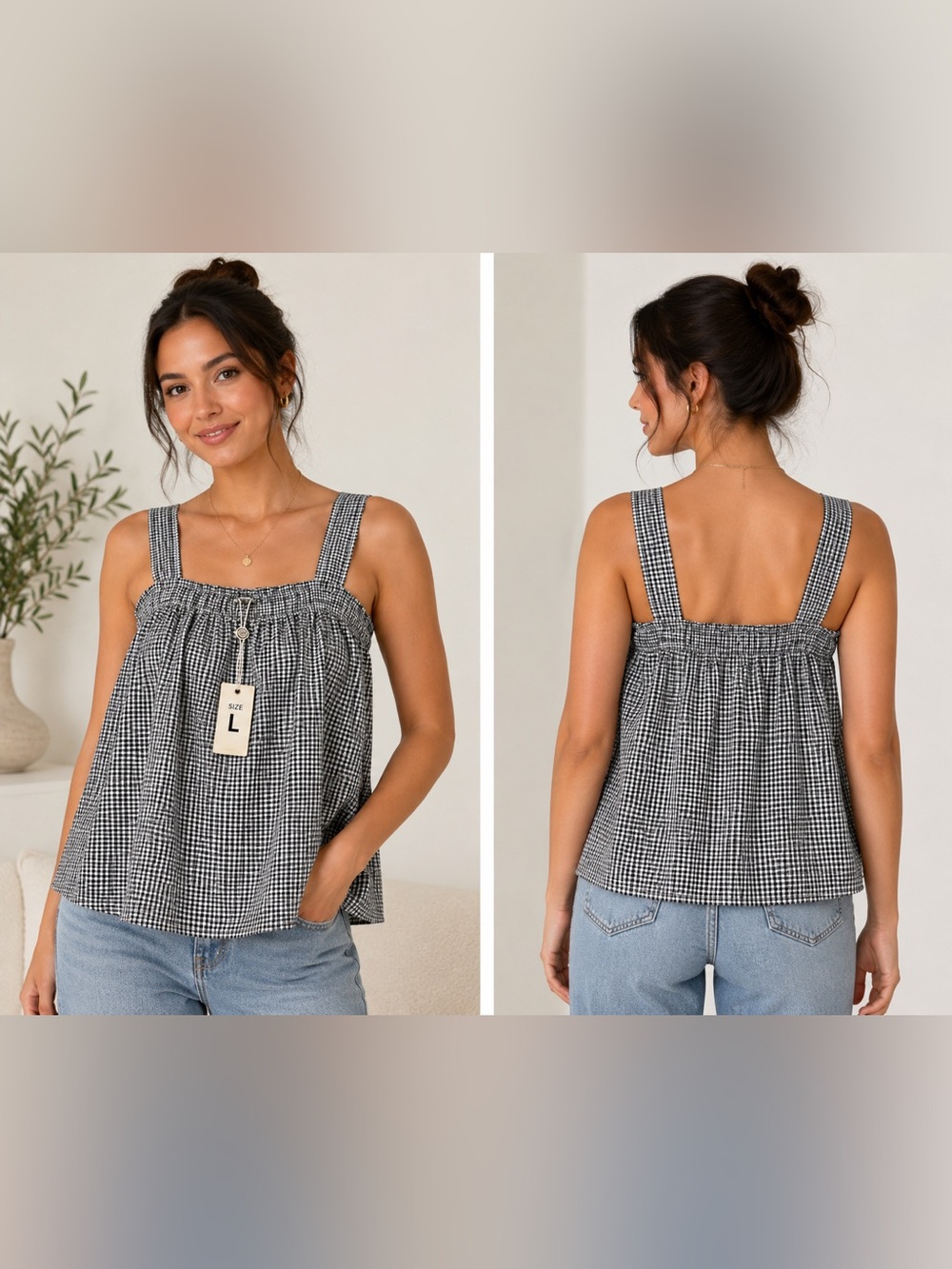 Max Studio Black and White Gingham Square-Neck Tank Top